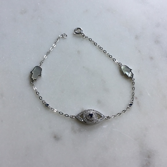 Sterling Silver CZ Evil Eye & MOP Hamsa Bracelet - Picture 3 of 13